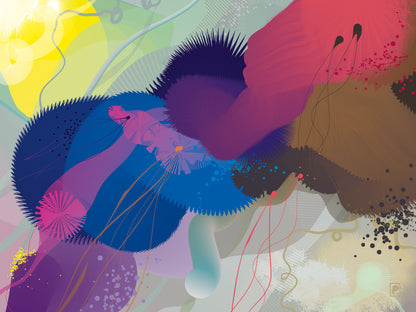 Kunstplakat med abstrakt motiv i mange farver. Designet af billedkunstner Christian Ramsø.