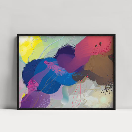 Kunstplakat med abstrakt motiv i mange farver. Designet af billedkunstner Christian Ramsø.