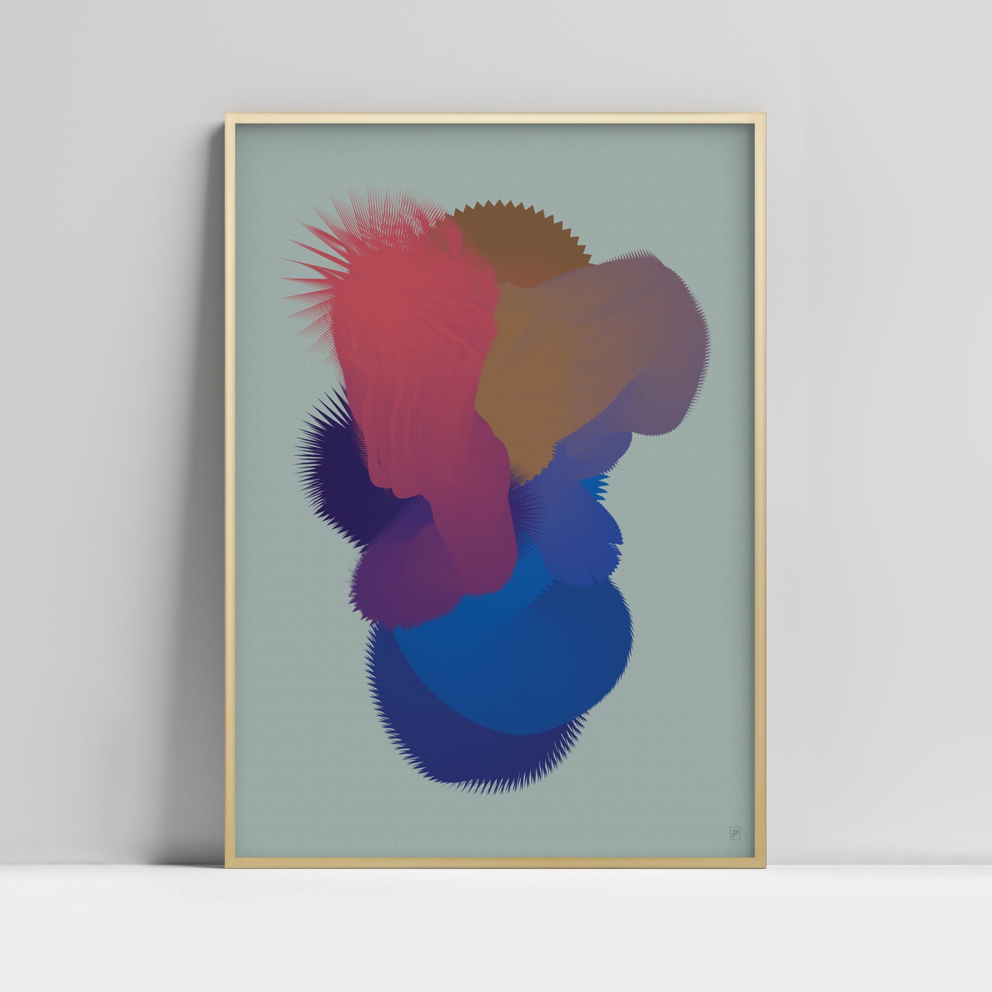 Kunstplakat med abstrakt motiv i farverne, blå, rød og brun på grå baggrund. Designet af billedkunstner Christian Ramsø.